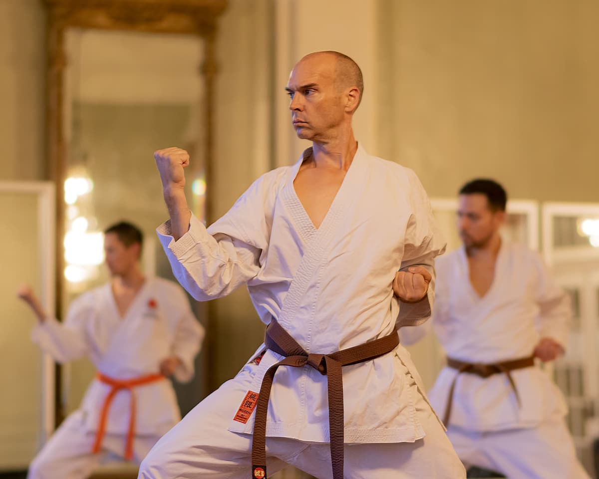 Group of people practicing karate. They are wearing traditional karate uniforms with different colored belts.